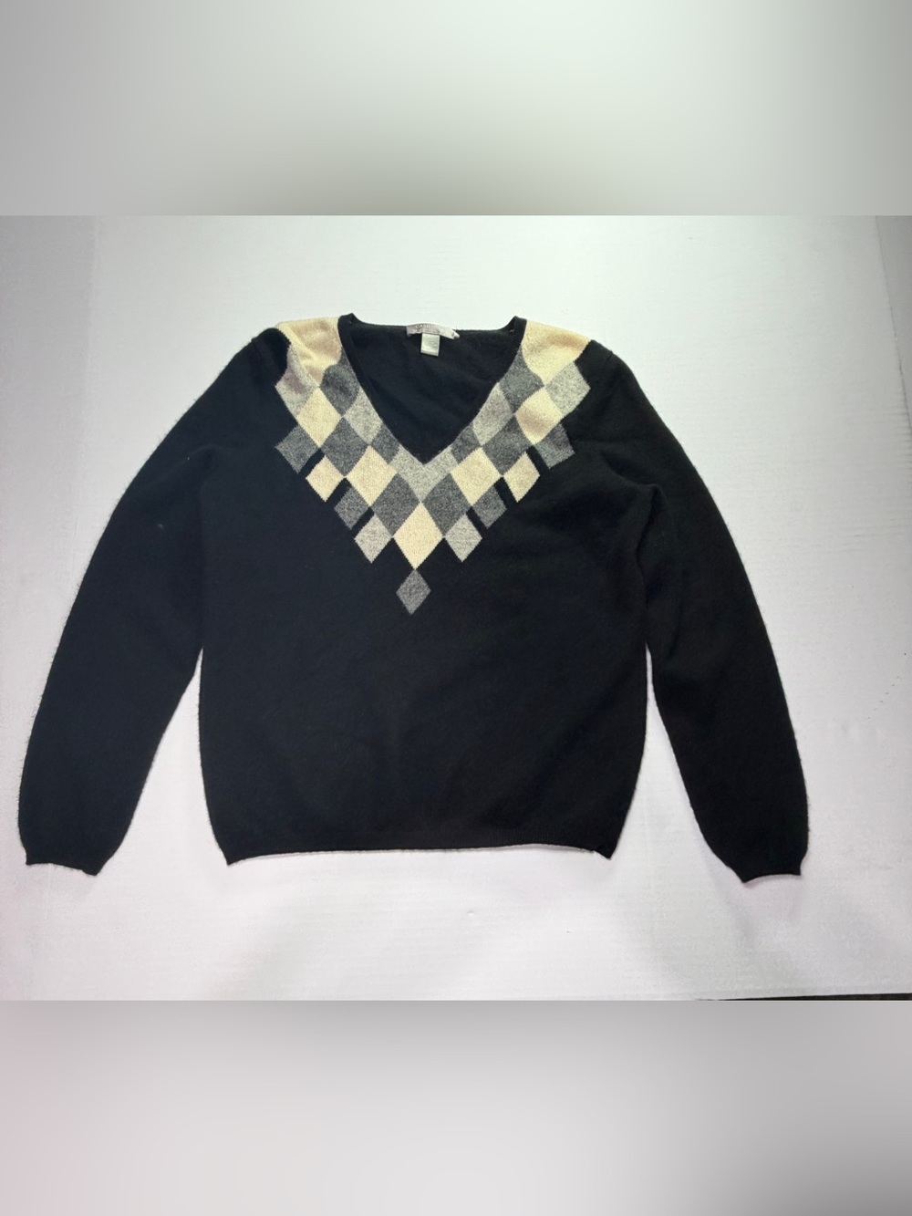 Charter Club Argyle V Neck Sweater Black Gray Preppy Grandpa Core L